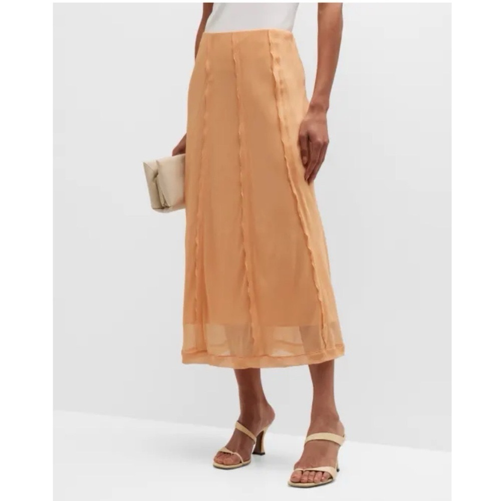 Vince Sheer Crinkle Lettuce-Edge Midi Skirt Peach Clay
